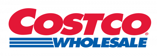 The Costco Wholesale logo features COSTCO in bold red letters above horizontal blue lines and the word WHOLESALE in bold blue letters. The background is white.