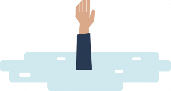 Illustration of a raised hand emerging from blue water, suggesting someone calling for help or in need of assistance. The background is plain, emphasizing the arm and water.