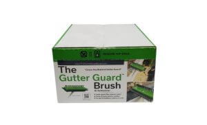 A rectangular box labeled The Gutter Guard Brush by GutterSweep, featuring green brush images and product information on the front, with a white and green color scheme.