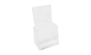 A clear, empty acrylic brochure holder with a tall back and an open front, designed for displaying flyers, leaflets, or pamphlets.