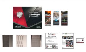 A display of Gutterglove marketing materials including a DoneRight welcome kit, product brochures, gutter guard samples, and instructional guides arranged on a white background.