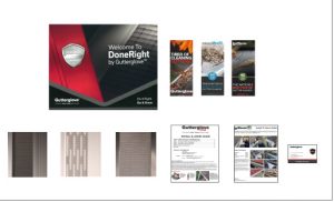 A collection of Gutterglove marketing materials, including a product box, brochures, mesh samples, installation guide, and postcards, all displayed in a grid layout on a white background.