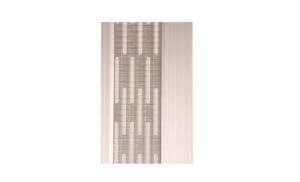 Vertical view of a patterned translucent window blind with alternating horizontal and vertical lines, creating a modern, geometric design. Soft light filters through the blind, casting subtle shadows.
