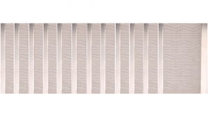 An array of vertical translucent panels with subtle wavy lines, evenly spaced across a light background, creating a repetitive and geometric pattern.