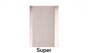 A rectangular metal mesh screen with a silver frame and zigzag pattern in the mesh; the word Super is written below the image.