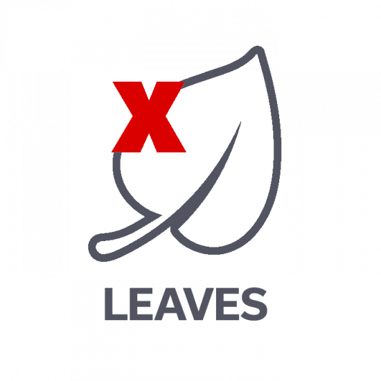 A simple outline of a leaf with a large red X over it, and the word LEAVES written below in bold gray letters.