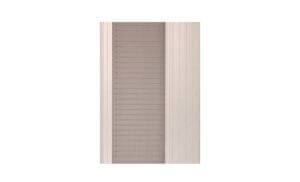 A close-up of a rectangular window with a mesh screen, framed by vertically aligned white panels on both sides.