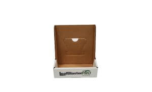 Open white and brown cardboard box with the LeafBlasterPRO logo on the front, photographed against a plain white background.