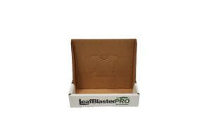 A brown cardboard display box with an upright back and open front, labeled leafBlasterPRO in black and green text on the front panel. The box is empty and isolated on a white background.