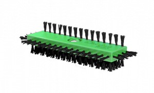 A green rectangular cleaning brush with stiff black bristles on both the top and bottom sides, designed for heavy-duty scrubbing. The brush has a central hole for attaching a handle.