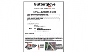 A user guide cover for Gutterglove Pro featuring installation steps, contact information, support details, a saw safety tip illustration, and a photo of gutter guard installation on a roof.