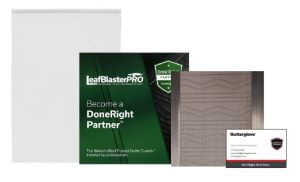 A DoneRight Partner kit includes a white folder, a green LeafBlaster Pro brochure, a metal mesh gutter guard sample, and a Gutterglove business card arranged side by side.
