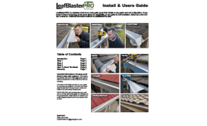 Front page of the LeafBlasterPRO Install & Users Guide, showing men installing gutter guards on roofs and gutters, a table of contents, and various images of gutters in different installation steps.