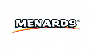 The Menards logo features the word MENARDS in bold, white, uppercase letters with a black outline and a red, orange, and yellow swoosh underneath on a white background.