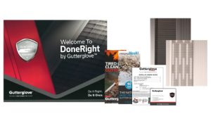 A Gutterglove DoneRight kit is displayed, featuring a branded red and black box, metal mesh gutter guards, product literature, a warranty card, and installation instructions.