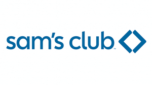 The Sams Club logo features the name sams club in blue lowercase letters, followed by a blue diamond-shaped icon on a white background.