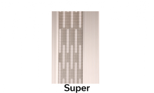 A vertical patterned textile with a grid and elongated oval shapes in the center, bordered by solid light panels. The word Super appears below the image in bold black text.