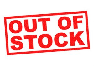 A red stamp with the words OUT OF STOCK in bold, capital letters on a white background.