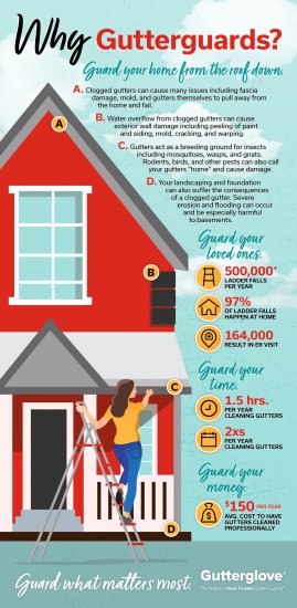 Infographic titled “Why Gutterguards?” shows a house with a man on a ladder cleaning gutters, highlighting gutter problems, benefits of gutterguards, and statistics on household injuries, damage, and savings.