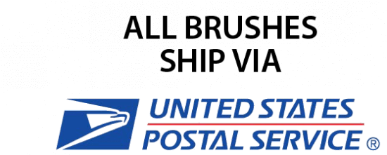 Text reads All brushes ship via United States Postal Service above the USPS logo featuring a white eagle head on a blue background.