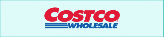 Costco Wholesale logo with Costco in bold red letters above blue lines and the word WHOLESALE in blue, all on a light blue background with a thin teal border.
