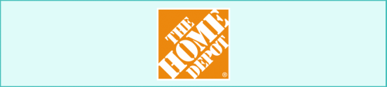 The image shows the Home Depot logo, featuring white text reading The Home Depot in a stencil style, arranged diagonally on an orange square background. The logo is centered on a light blue background.