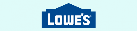 Lowes logo featuring white text on a blue, house-shaped background with a light blue border.