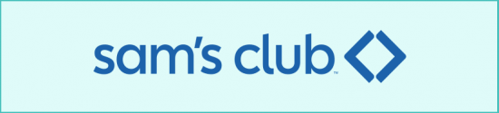 The image shows the Sams Club logo in blue text with a blue diamond-shaped icon to the right, all on a light blue background with a thin teal border.