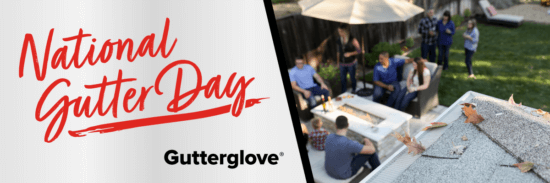 National Gutter Day text next to a backyard scene with people gathered around a fire pit and a close-up of a gutter with fallen leaves on a roof.