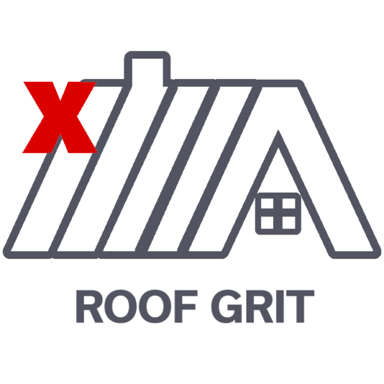 Simple outline of a house roof with lines indicating shingles, a small window, and a red X on the left side, with the words ROOF GRIT below the image.