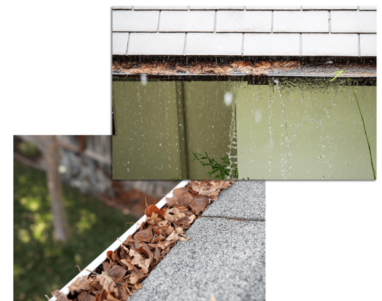 Two photos show clogged gutters: one with water overflowing and splashing down a wall, and another filled with dry brown leaves, highlighting the need for gutter cleaning.