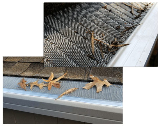 Close-up views of a house gutter guard covered with leaves, twigs, and debris, illustrating the effectiveness of the guard in preventing debris from entering the gutter.