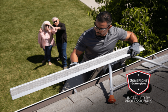 A professional installer fits a gutter guard on a roof while an older couple stands in the yard below, watching and pointing. The image features a DoneRIGHT Gutterglove badge labeled Installed by Professionals.