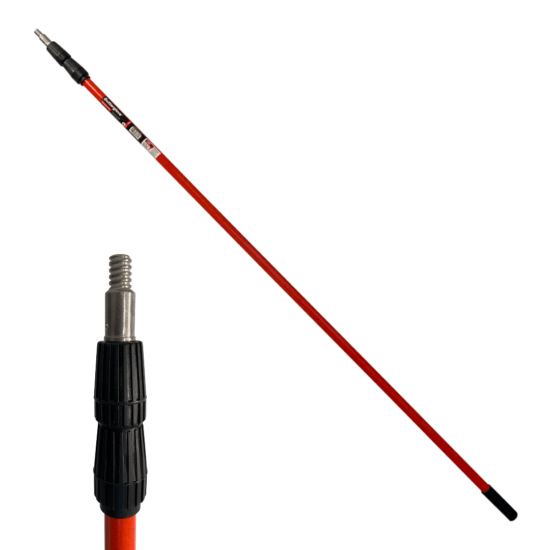 A red telescopic extension pole with a black adjustable grip and a metal threaded tip, shown full length diagonally and in a close-up of the tip against a white background.