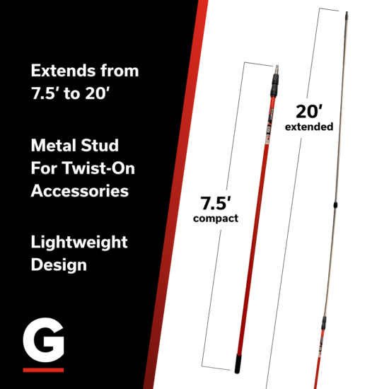 A red extension pole is shown at 7.5 feet (compact) and 20 feet (extended). Text highlights its metal stud for twist-on accessories, lightweight design, and ability to extend from 7.5’ to 20’.