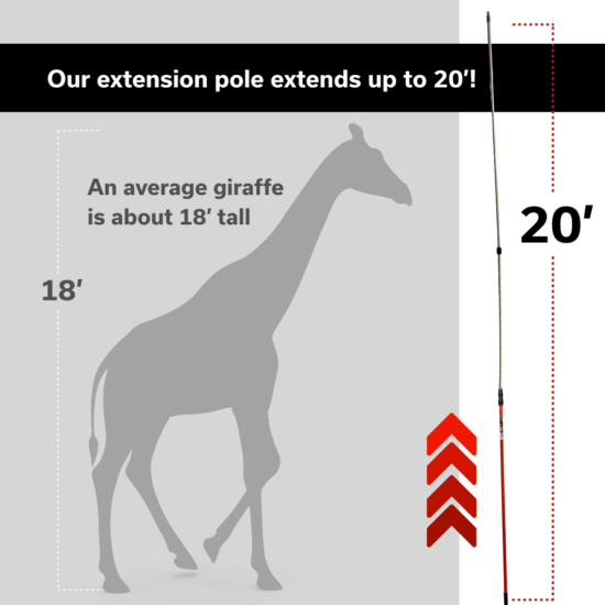 Illustration showing a red extension pole reaching 20 feet, next to a silhouette of a giraffe labeled 18 feet tall. Text compares the poles height to the giraffes, highlighting the poles full extension.
