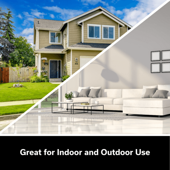 Split image featuring the exterior of a suburban house with a green lawn on the left, and a modern living room with white furniture on the right. Text below reads, Great for Indoor and Outdoor Use.