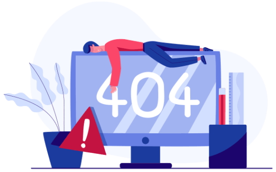A person lies face-down on top of a large computer monitor displaying 404. A warning sign with an exclamation mark is in front, with a plant and office supplies nearby. The scene suggests an error or frustration.