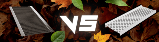 Two car cabin air filters, one on the left with pleated material and one on the right with a honeycomb pattern, are shown over a background of autumn leaves with VS in bold white text between them.