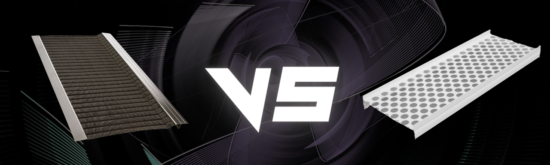 Two different gutter guards are shown on either side of a large VS text, illustrating a comparison between the two products on a dark, abstract background.