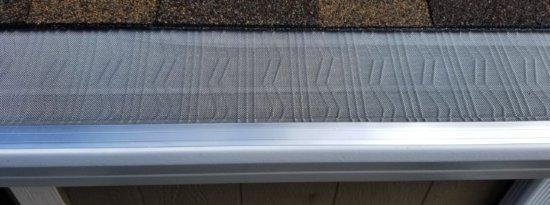 Close-up view of a metal gutter guard installed along the edge of a roof, with brown roof shingles above and a metal frame securing the mesh screen to the gutter below.