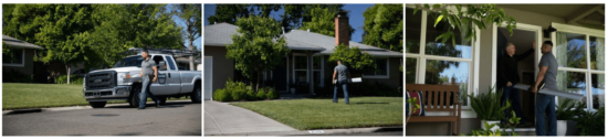 A man arrives in a white pickup truck, walks toward a house carrying tools, and then speaks with a homeowner on the front porch.