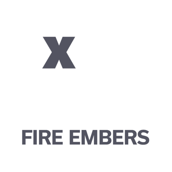 A gray X over a faint flame icon, with the text FIRE EMBERS in bold below the symbols, all on a light gray background.
