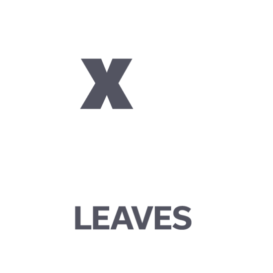 A large gray letter X is placed over an outline of a leaf, with the word LEAVES written in bold gray letters below the leaf on a light background.