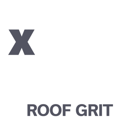 A gray X overlays a simple roof icon with a chimney and window. Below, the text reads ROOF GRIT in bold, gray letters.