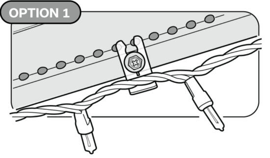 Black and white illustration showing a string of lights secured to a surface with a screw and clip. The image is labeled Option 1 in the top left corner.
