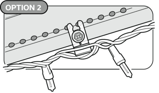 Diagram showing two string lights secured under a metal clip with a screw; the clip is attached to a surface and labeled Option 2 in the upper left corner.