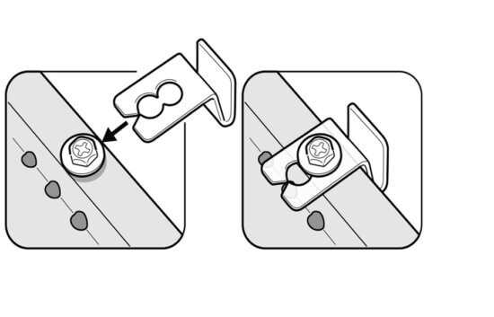 A two-part diagram showing how to attach a metal bracket over a screw on a flat surface; the left image shows positioning the bracket, and the right shows the bracket secured beneath the screw.