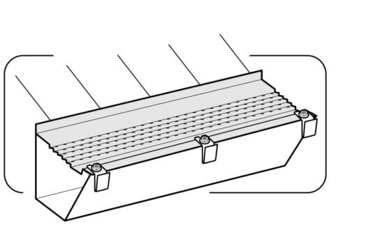 A black and white line drawing of a gutter system with a cover attachment secured by three screws and clips, designed to prevent debris from entering the gutter.