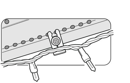 A black and white illustration of a terminal strip with two wires twisted together and secured under a screw, with the wire ends stripped and inserted into the terminal.